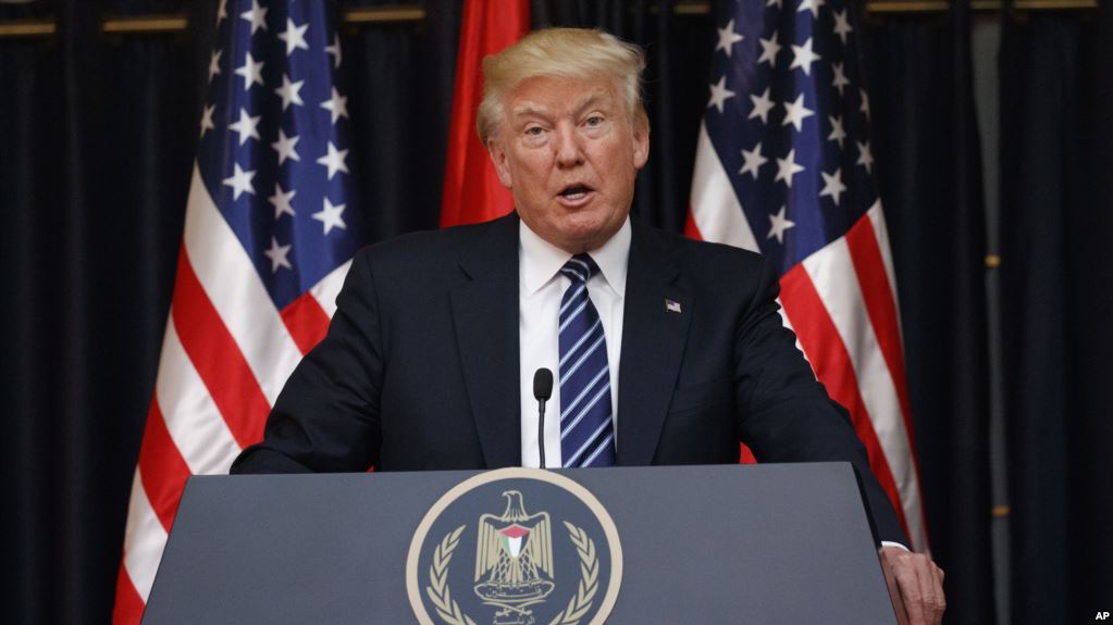 President Donald Trump makes a statement on the terrorist attack in Manchester after a meeting with Palestinian leader Mahmoud Abbas, Tuesday, May 23, 2017, in the West Bank City of Bethlehem. (AP Photo/Evan Vucci)