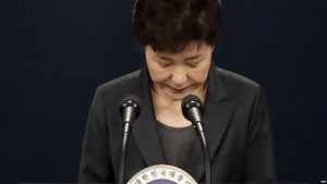 epa05872826 (FILE) - South Korean then President Park Geun-hye bows in apology as she delivers an address to the nation at the presidential office Cheong Wa Dae in Seoul, South Korea, 04 November 2016 (reissued 27 March 2017), over an influence-peddling scandal implicating her longtime close friend Choi Soon-sil. South Korean prosecutors announced on 27 March 2017 that they will seek an arrest warrant for South Korean former President Park Geun-Hye. Park was questioned on 21 March on charges that include bribery and abuse of power, in a case that has divided the nation and led to her impeachment earlier this month.  EPA/YONHAP SOUTH KOREA OUT