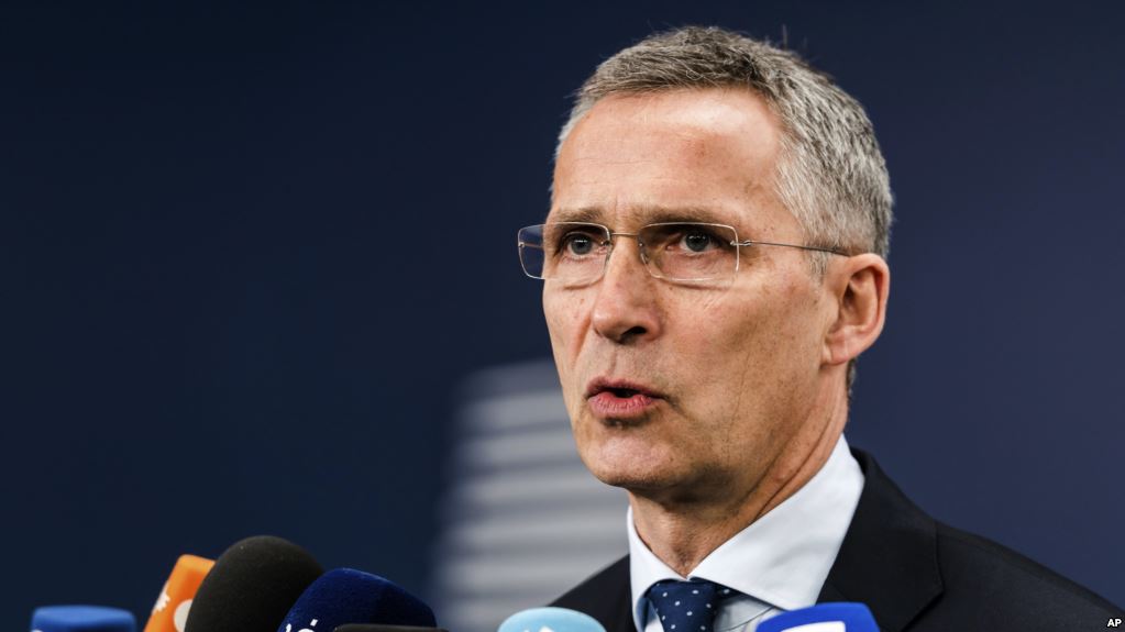 NATO Secretary General Jens Stoltenberg talks with journalists as he arrives for a meeting of EU foreign and defense ministers at the Europa building in Brussels, Thursday May 18, 2017. (AP Photo/Geert Vanden Wijngaert)