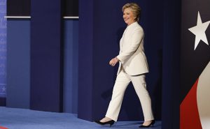 Democratic presidential nominee Hillary Clinton steps on stage to debate Republican presidential nominee Donald Trump during the third presidential debate at UNLV in Las Vegas, Wednesday, Oct. 19, 2016. (AP Photo/John Locher)