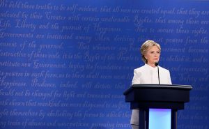 Democratic U.S. presidential nominee Hillary Clinton stands at the lectern during the third and final 2016 presidential campaign debate with Republican U.S. presidential nominee Donald Trump at UNLV in Las Vegas, Nevada, U.S., October 19, 2016.  REUTERS/Lucy Nicholson - RTX2PLWO